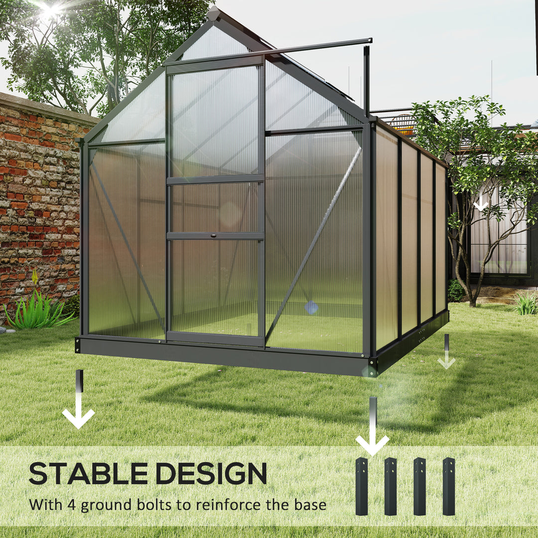 MCL 6 x 8ft Polycarbonate Greenhouse, Large Walk-In Green House with Slide Door and Window, Garden Plants Grow House with Aluminium Frame and Foundation, Grey