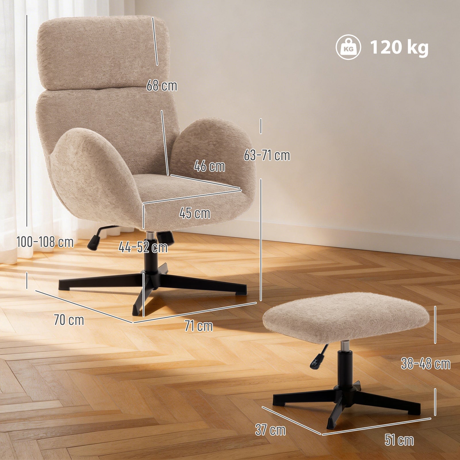 Swivel Armchair and Footstool Set, Height Adjustable Accent Chair with