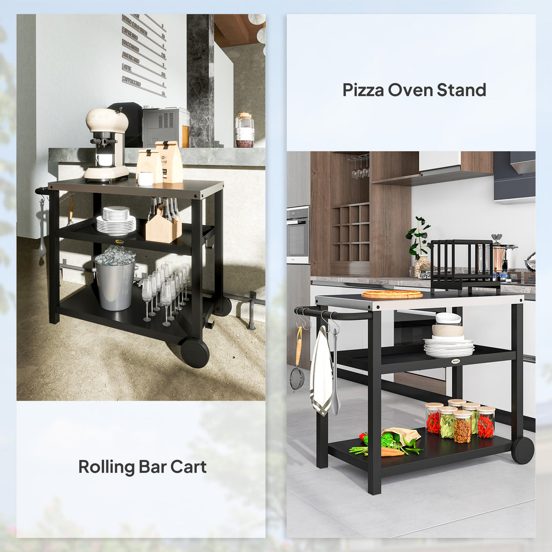 Outdoor Grill Dining Cart 3-Shelf Movable Pizza Oven Table Stand with Stainless Steel Top, Portable BBQ Trolley Food Prep Outdoor Kitchen BBQ Station with Hooks Wheels Handle, Charcoal Grey