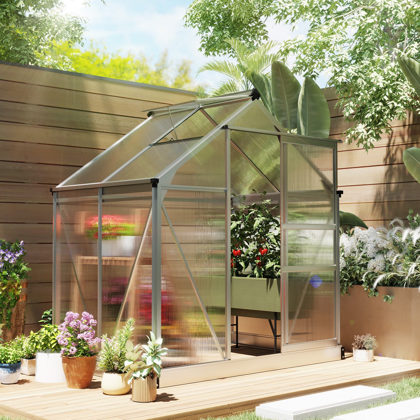 Polycarbonate Greenhouse, Large Walk-In Green House with Slide Door an
