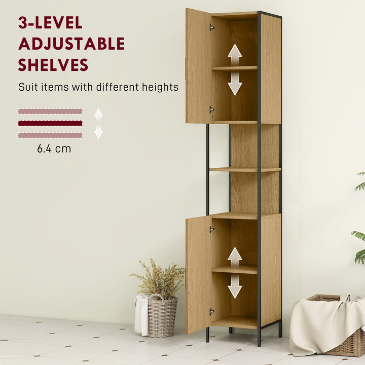 Tall Bathroom Cabinet with 2 Doors, Open Compartments and Adjustable Shelves - Natural Wood Finish