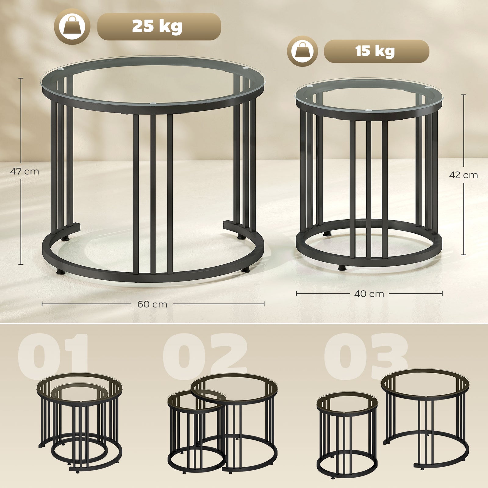 Round Coffee Tables Set of 2, Nesting Tables with Tempered Glass Top a