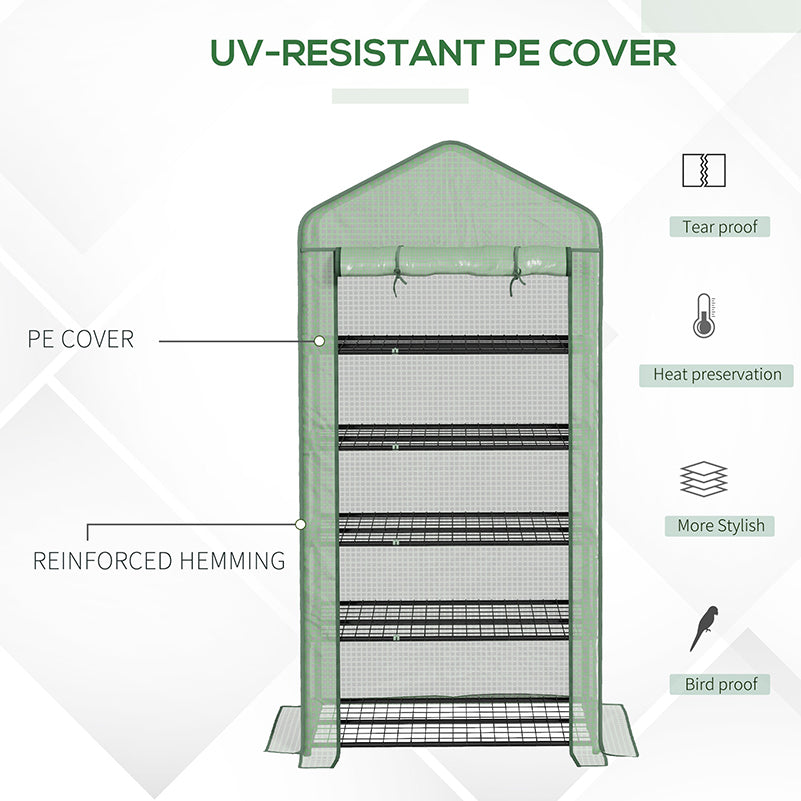 5 Tier Widened Mini Greenhouse with Reinforced PE Cover, Portable Indoor Outdoor Green House with Roll-up Door and Wire Shelves, 193H x 90W x 49Dcm, Green