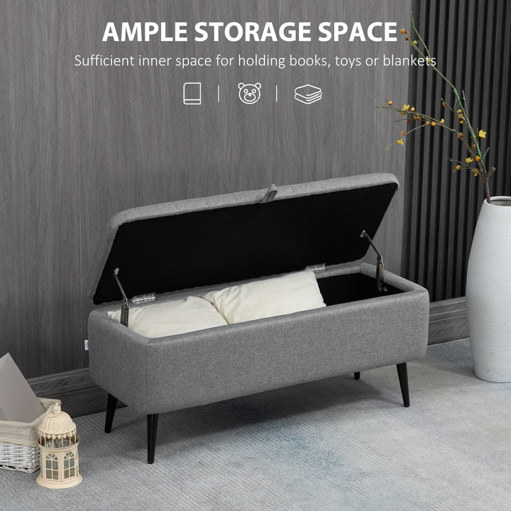 Storage Ottoman with Flip Top, Rectangular Upholstered Bench, Linen Look Fabric Footstool with Steel Legs for Living Room, Bedroom, Grey