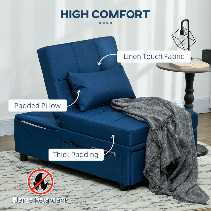 Convertible Chair Bed with Padding Seat, 4-in-1 Multi-Functional Sleeper Sofa Bed, Recliner with Adjustable Backrest, Side Pocket, Wheels and Pillow, for Living Room, Blue
