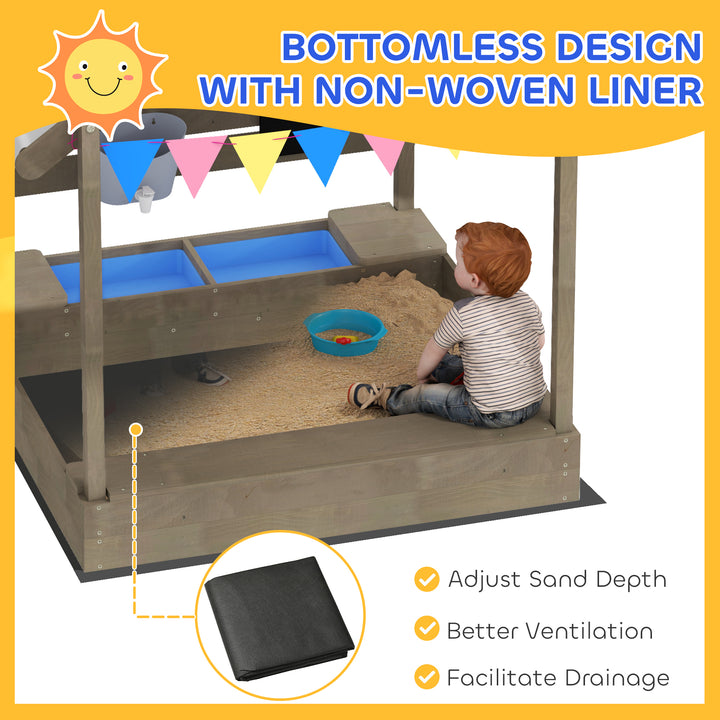 House-Designed Wooden Sandbox, Outdoor Sandpit, with Blackboard, Toys, Sink, Seats, Flags, for Ages 3-7 Years - Grey