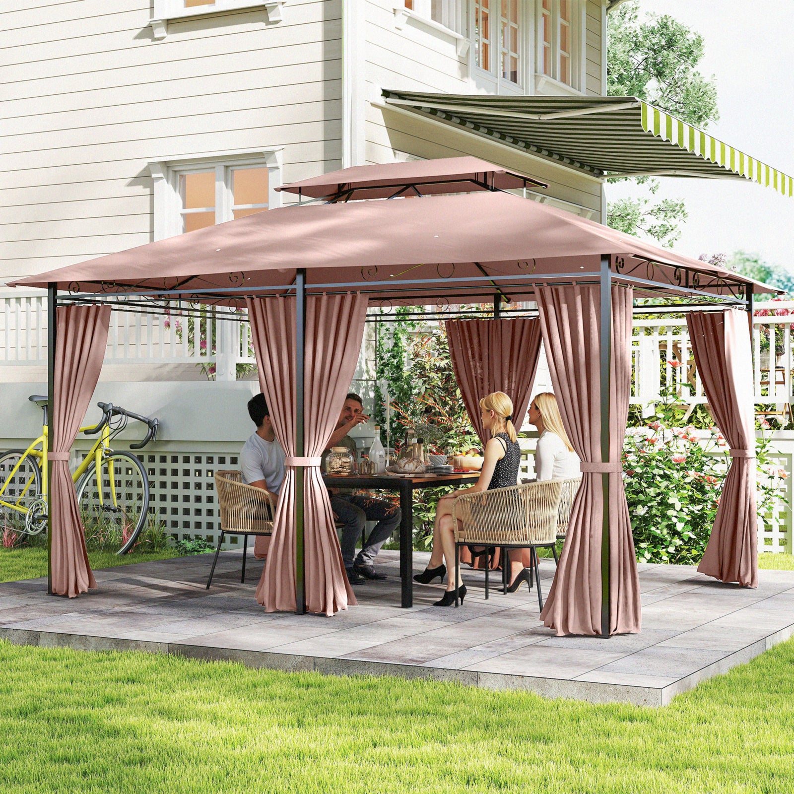 4m x 3(m)Garden Gazebo, Double Roof Outdoor Gazebo Canopy Shelter with Curtains, Solid Steel Frame for Patio, Garden, Brown