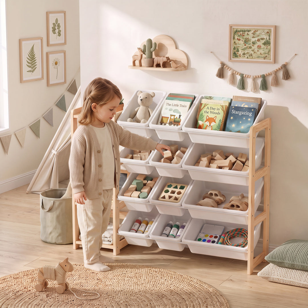 Toy Storage Organiser with 3 Shelves and 12 Bins, Wooden Toy - view 2
