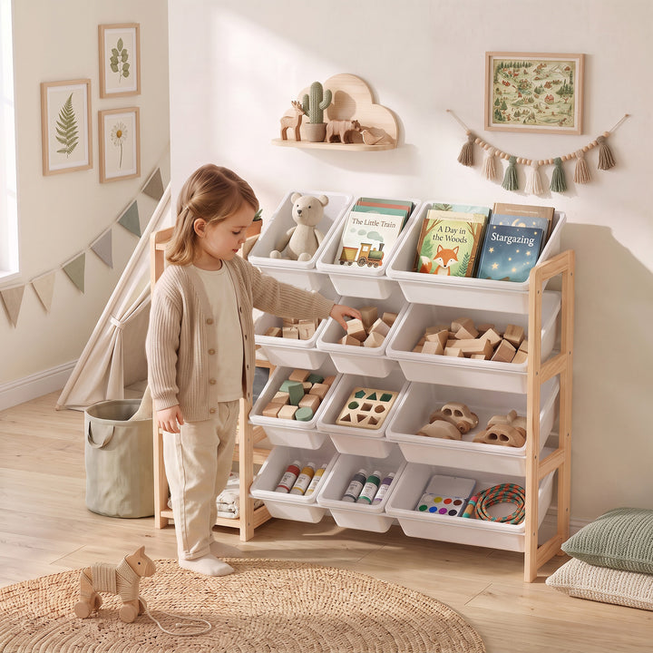Toy Storage Organiser with 3 Shelves and 12 Bins, Wooden Toy - view 2