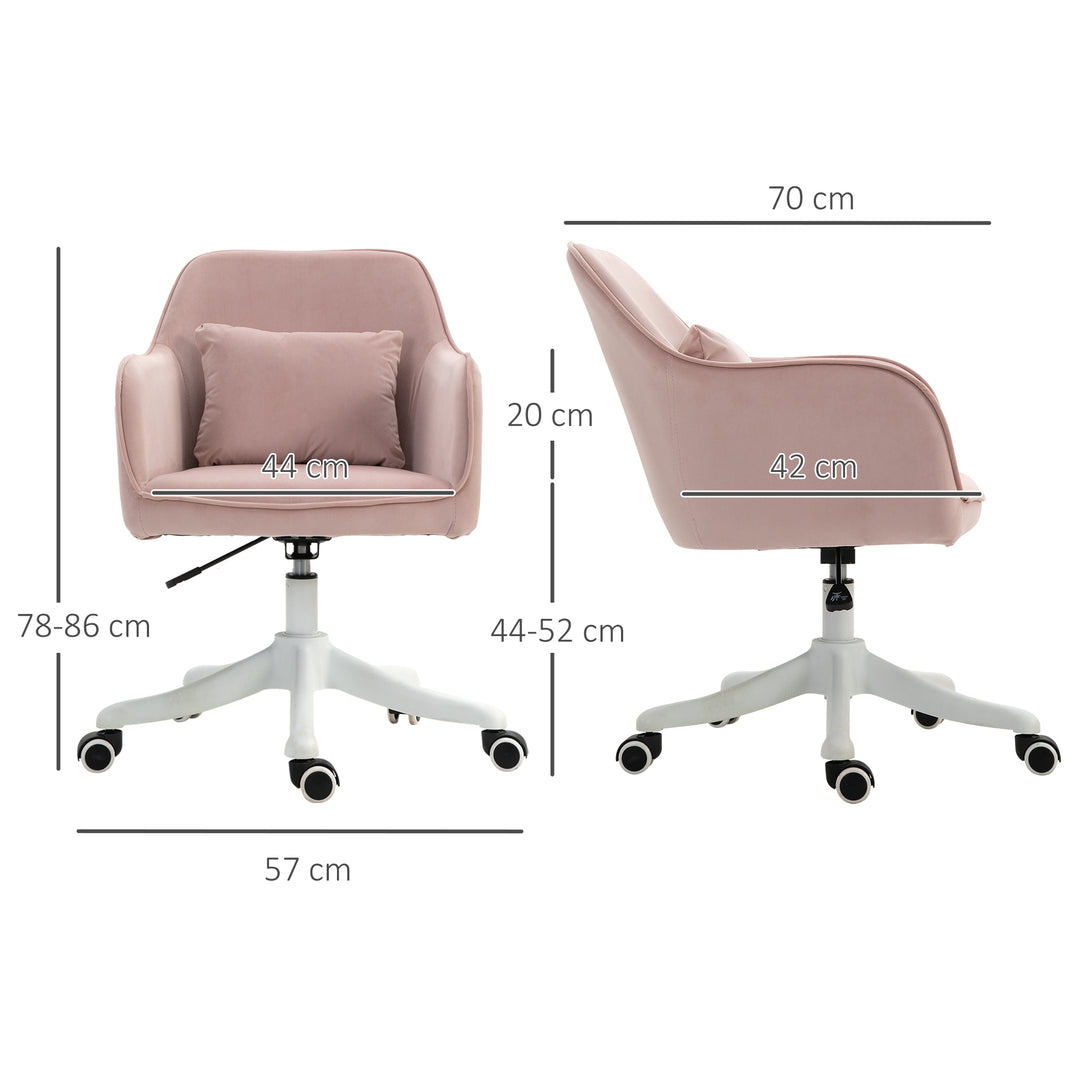 Velvet Office Chair, Desk Chair, Makeup Vanity Chair with Massage Lumbar Pillow and Rolling Wheels for Bedroom and Home, Pink