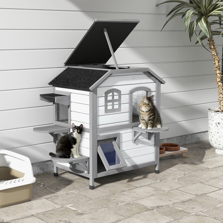 MCL 2-Story Indoor or Outdoor Cat House W/ Escape Door, Cat Shelter, White