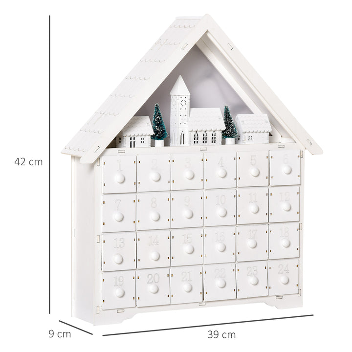 HOMCOM Christmas Advent Calendar, Light Up Table Xmas Wooden House Holiday Decoration with Countdown Drawer, Village, White | Aosom UK