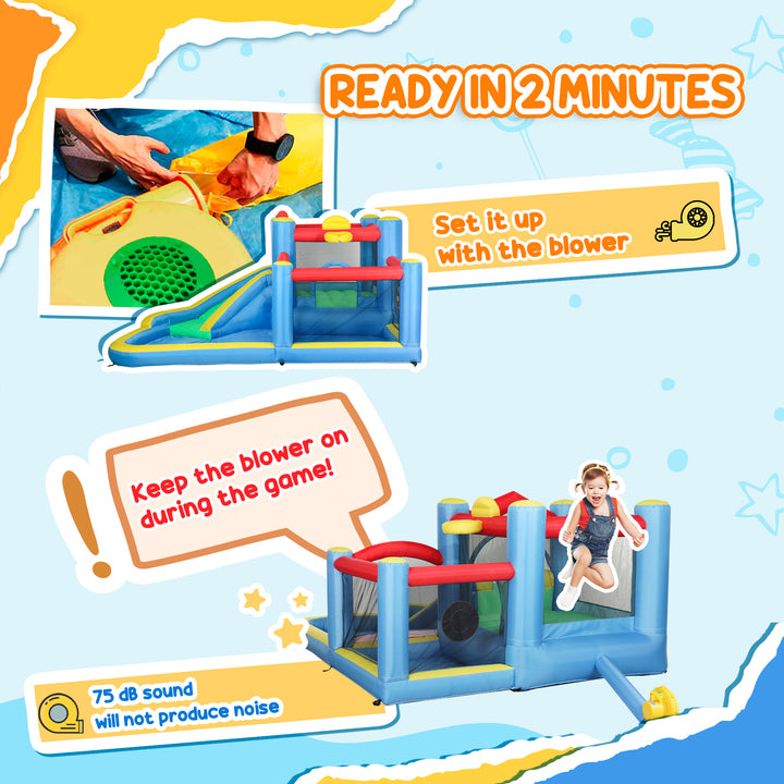 Inflatable Bouncy Castle with 550W Blower, Basketball Hoop, Long Slide