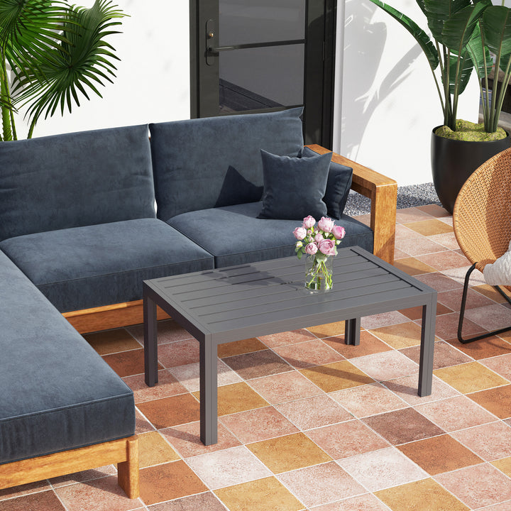 Outdoor Side Table, Rectangular Patio Coffee Side Table with Steel Frame and Slat Tabletop for Garden, Balcony, Grey