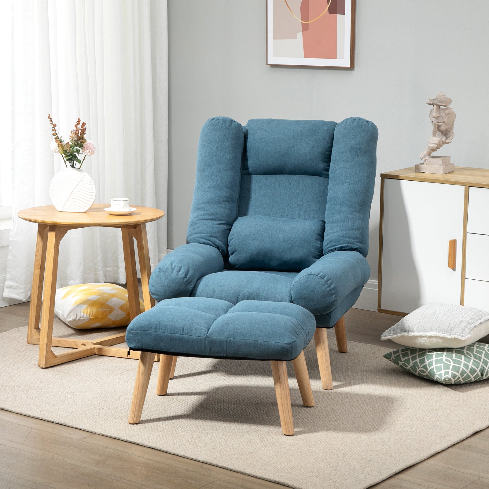Armchair with Footstool, 180° Recliner with Ottoman, Accent Chair and Footstool with 3-Position Adjustable Backrest and Wooden Legs for Living Room, Blue