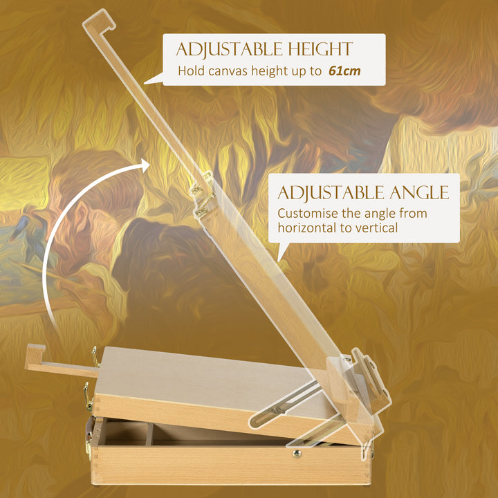 Wooden Table Easel Box Hold Canvas up to 61cm, Adjustable Beechwood Storage Table Box Easel, Portable Folding Artist Drawing & Sketching Board for Adults, Beginners, Artists Painting