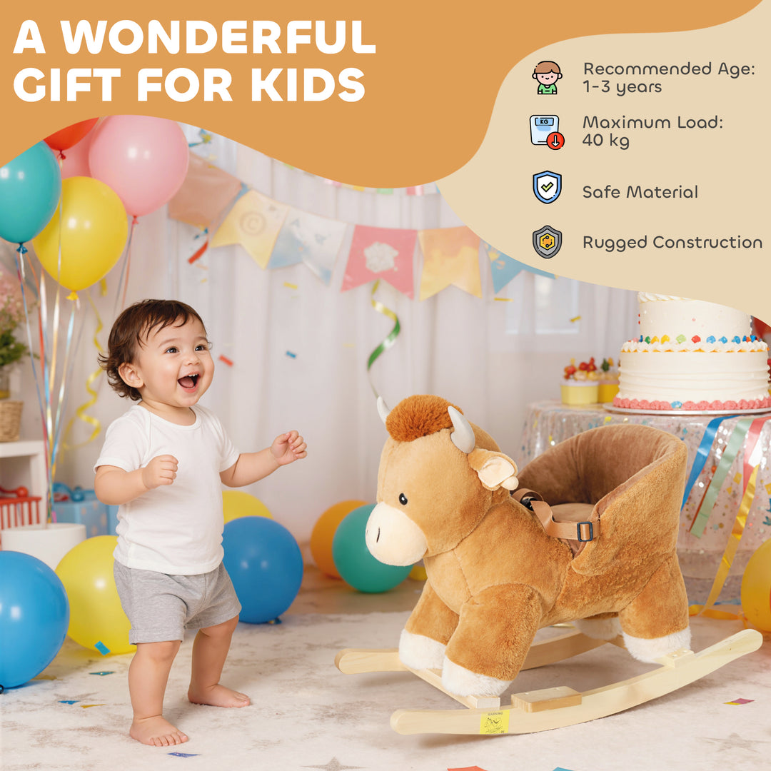 MCL Baby Rocking Horse with Safety Belt, Wood Base, Animal Rocker for Children, Brown