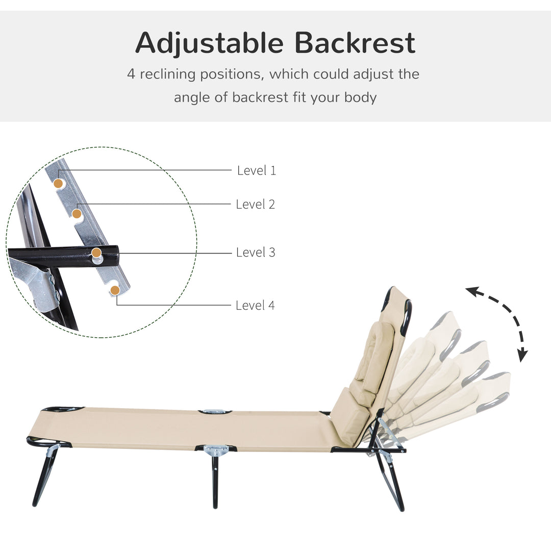 Outsunny Folding Sun Lounger with Pillow & Reading Hole, Adjustable Reclining Chair for Garden Beach, Beige