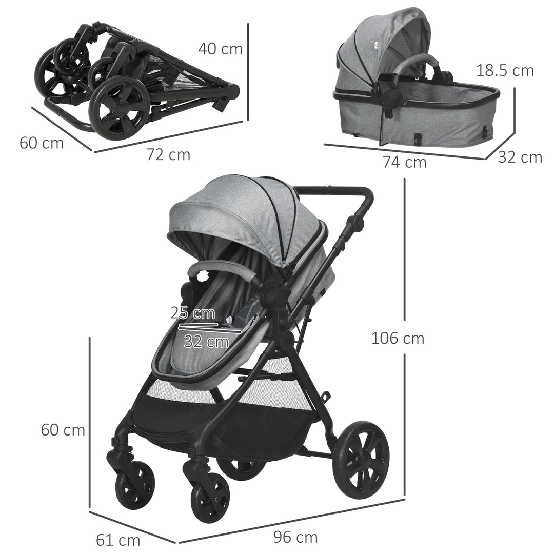 HOMCOM Pushchair 2 in 1, Lightweight Reversible Seat Stroller, Foldable & Fully Reclining for Newborn to 3 Years with 5-Point Harness, Grey