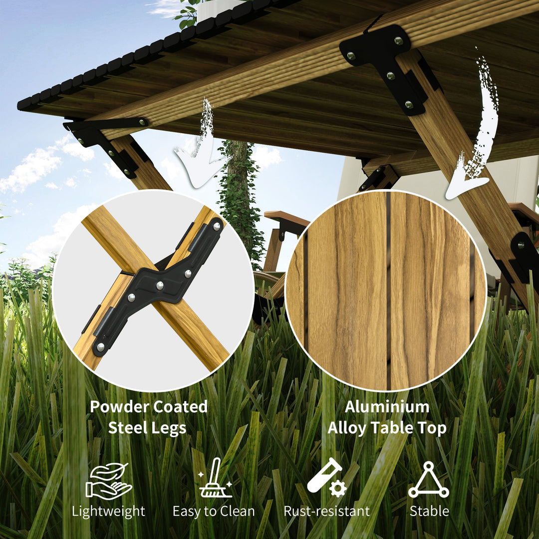 Portable Camping Table, 4ft Aluminium Folding Table with Roll-Up Top, Picnic Table for Indoor, Outdoor, Party, BBQ, Beach, Natural Wood Effect