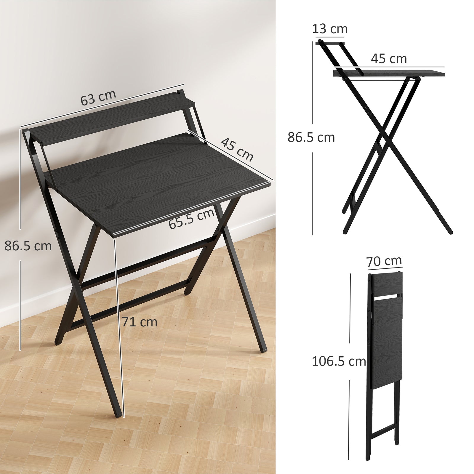 70 cm Folding Computer Desk with Monitor Shelf - Black