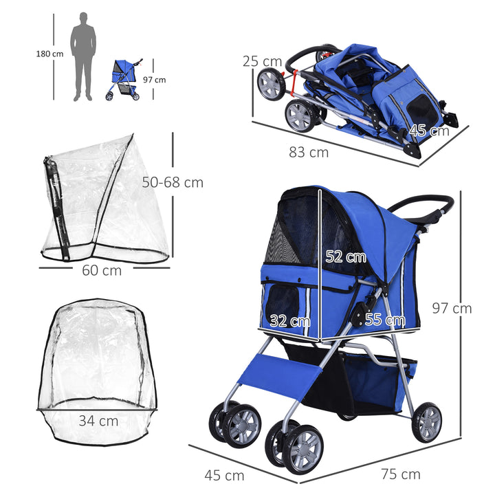 PawHut Small Dog Stroller, Lightweight, Folding, Rain Protection, Drink Holder, Basket, Safety Reflectors, Blue | Aosom UK