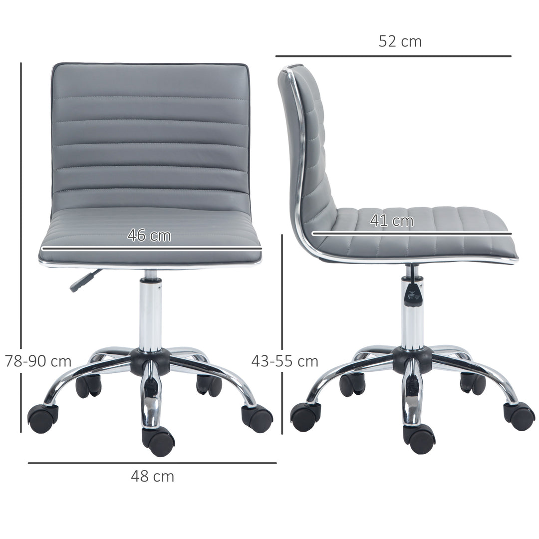 Armless Task Desk Chair, Swivel Office Chair with Faux Leather, Adjustable Seat Height, Chrome Base, Wheels for Home, Light Grey