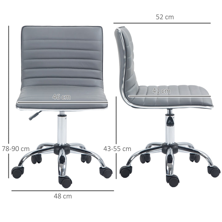 Armless Task Desk Chair, Swivel Office Chair with Faux Leather, Adjustable Seat Height, Chrome Base, Wheels for Home, Light Grey
