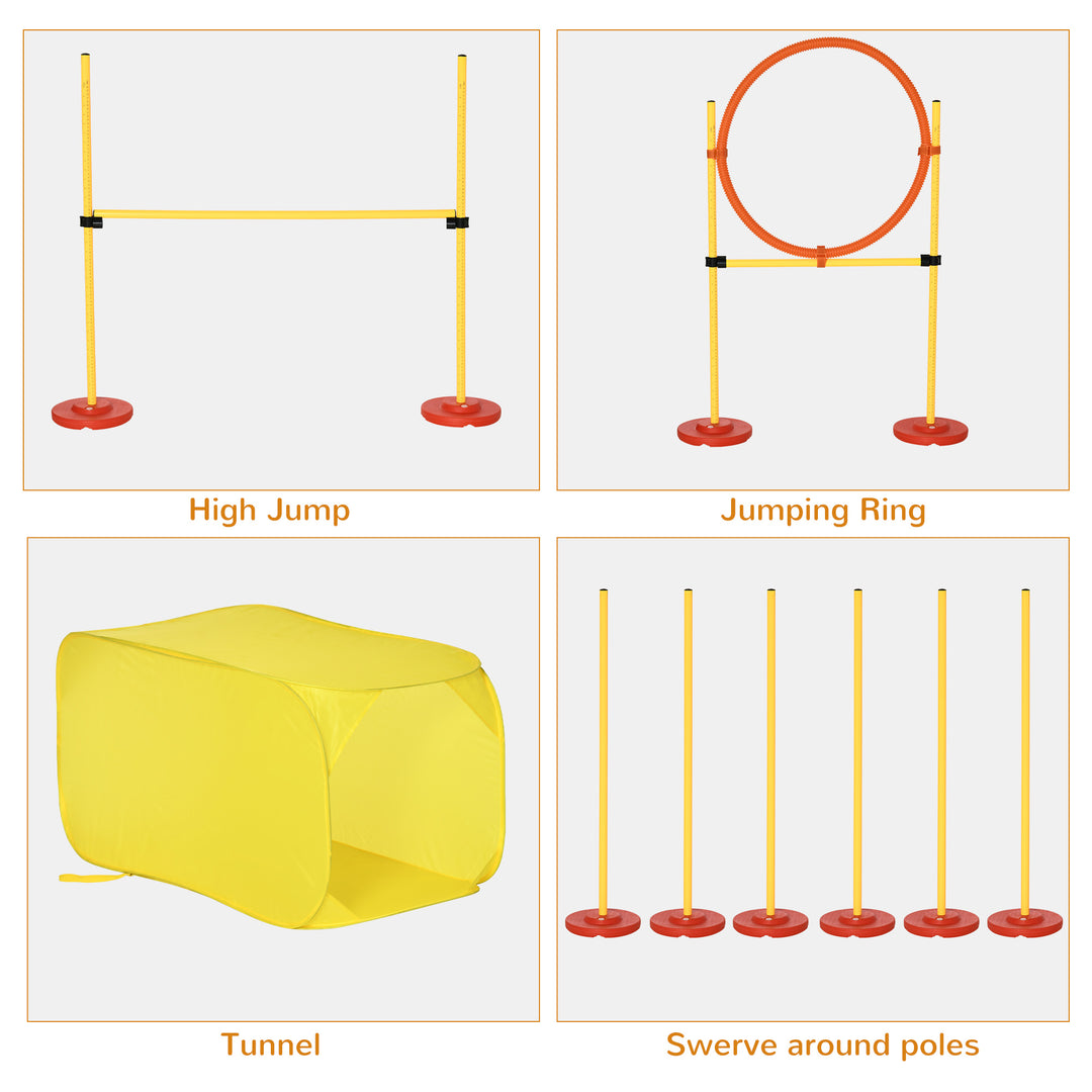 Dog Agility Equipment Portable Pet Training Obstacle Set for Dogs 5 Pieces w/ Adjustable High Jumping Pole, Jumping Ring, Weave Poles, Tunnel