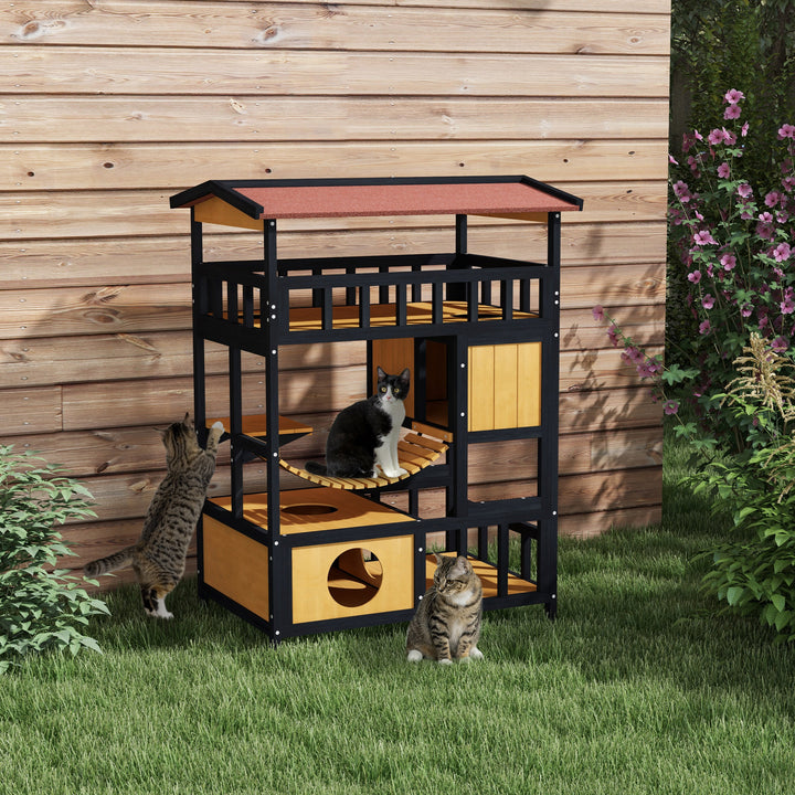 PawHut Outdoor Cat Shelter, Four-Tier Wooden Feral Cat House, with Suspension Bridge, Cat Houses, Balcony, Escape Doors