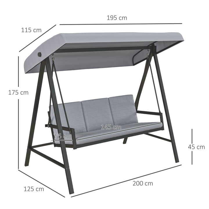 Three-Seat Garden Swing Chair, with Adjustable Canopy - Grey
