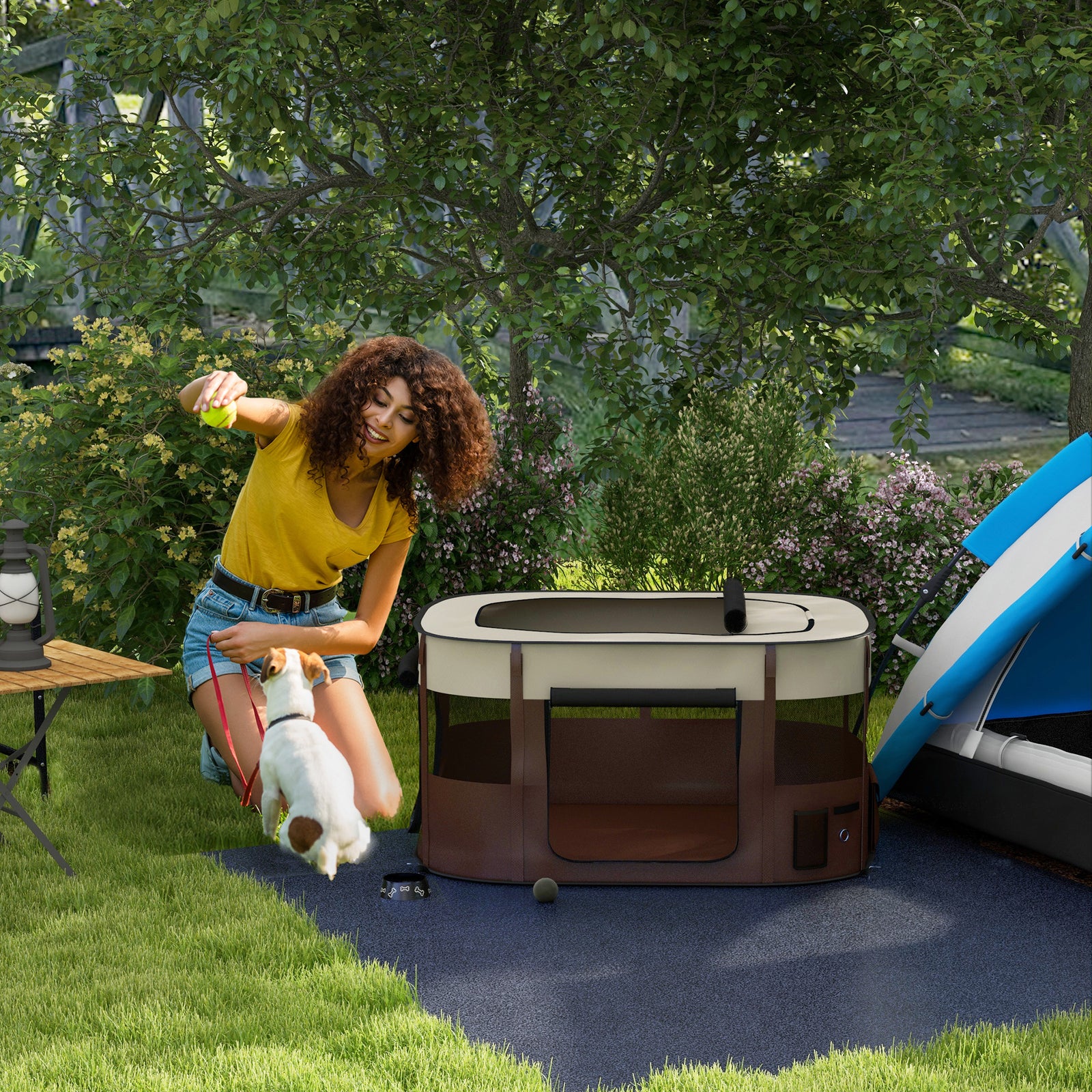 Foldable Dog Pen with Storage Bag for Indoor/Outdoor Use, Portable Pet playpen, with Ground Stakes - Brown