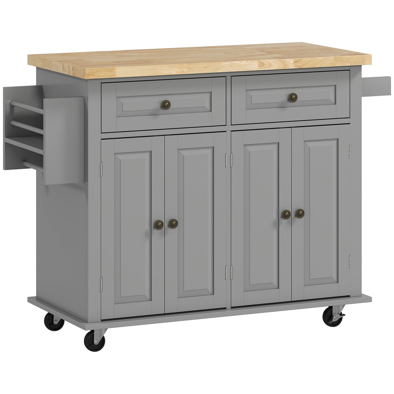 Rolling Kitchen Island Storage Trolley with Rubber Wood Top & Drawers for Dining Room, Grey