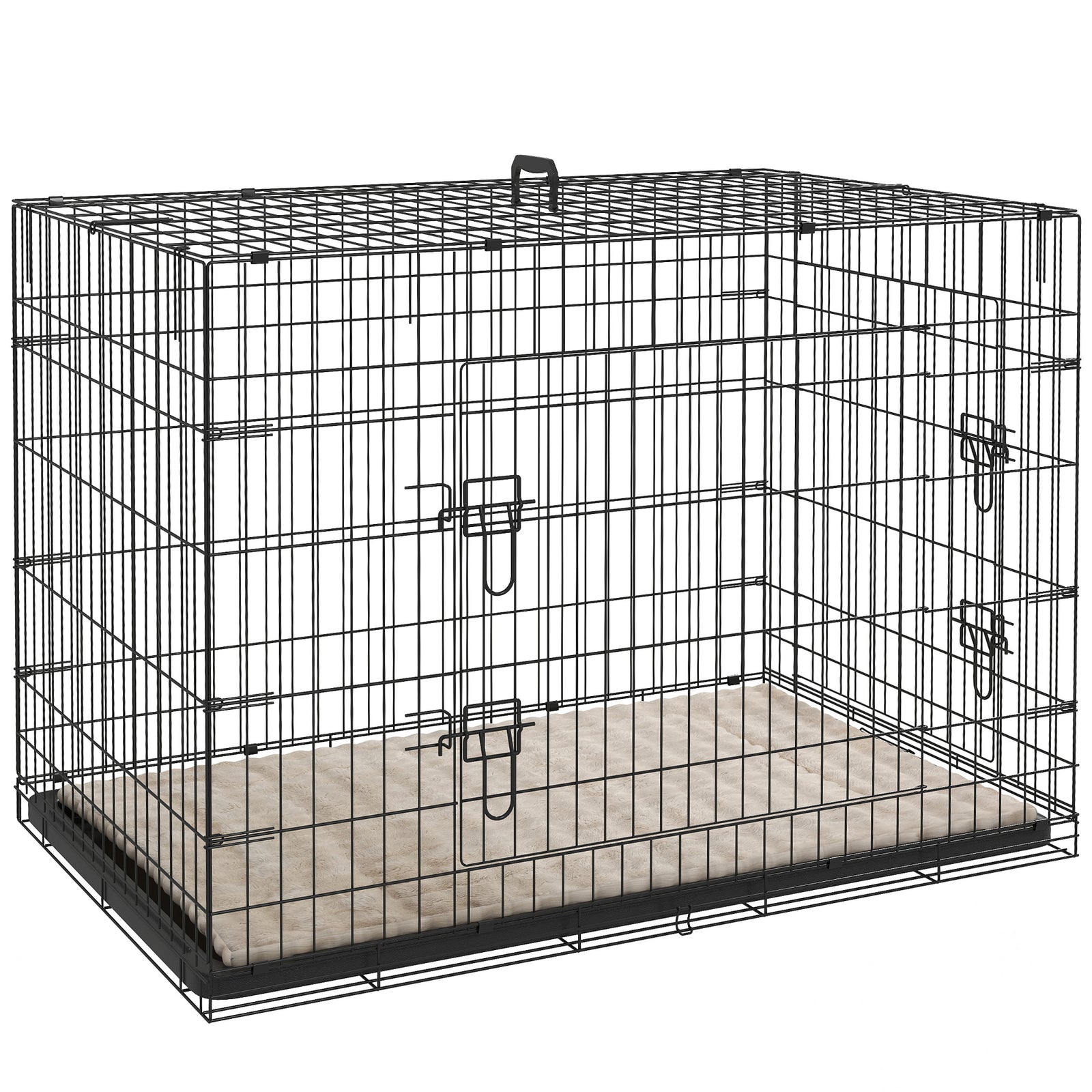 Foldable Dog Crate with 2 Doors with Tray, Soft Cushion, for Extra and Large Dogs, 105 x 70 x 75, Black