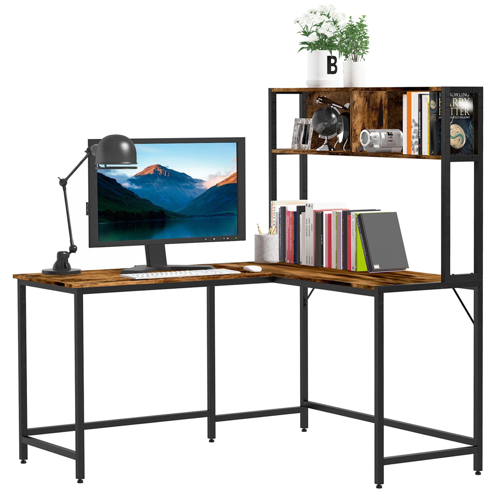 L Shaped Desk with Book Shelf, Industrial Corner Computer Desk, Writing Table with Steel Frame for Home Office, Bedroom, Study Room, 140 x 125cm, Brown