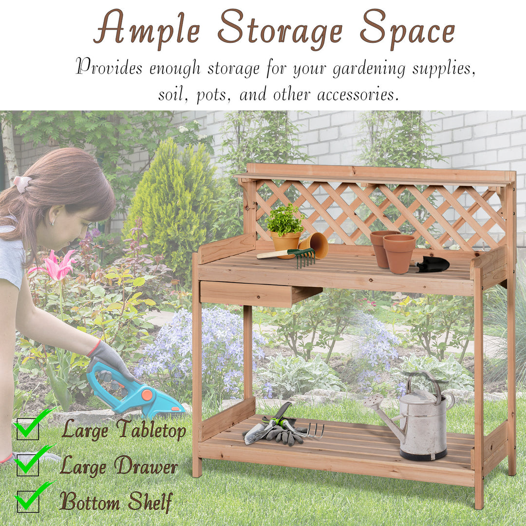 Outsunny Wooden Garden Potting Table with Drawer Flower Plant Work Bench Workstation Tool Storage Shelves Outdoor Grid