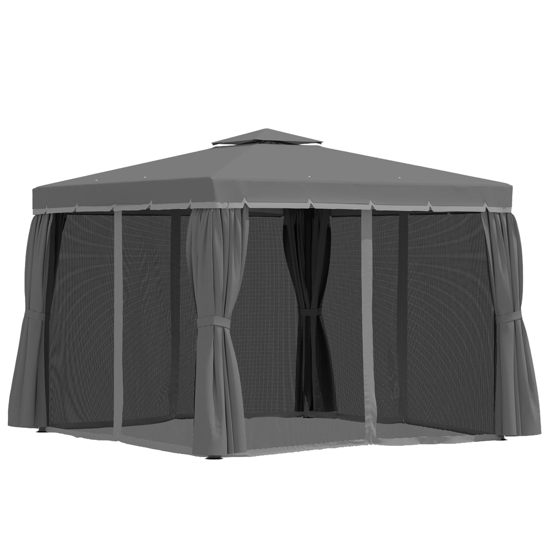 MCL 3 x 3(m) Patio Gazebo Canopy Garden Pavilion Tent Shelter Marquee with 2 Tier Water Repellent Roof, Mosquito Netting and Curtains, Aluminium Frame, Dark Grey