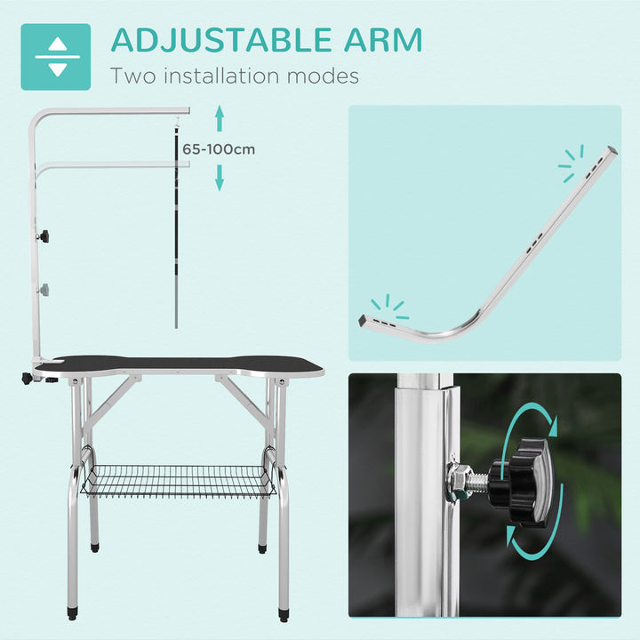 Foldable Dog Grooming Table Pet Drying Table with Adjustable Arm Non-Slip Rubber Tabletop Aluminium Alloy Edge Stainless Steel Bar Sling 94.5 x 55 x 81cm Black