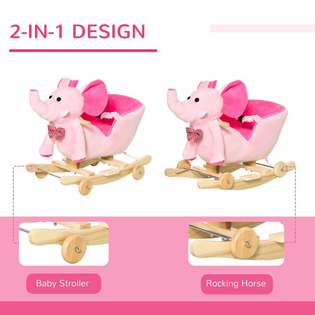 MCL 2 In 1 Plush Baby Ride on Rocking Horse Elephant Rocker with Wheels Wooden Toy for Kids 32 Songs for 18+ Months (Pink)