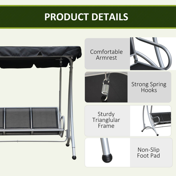 Three Person Steel Outdoor Porch Swing Chair Bench with Canopy Cover - Black