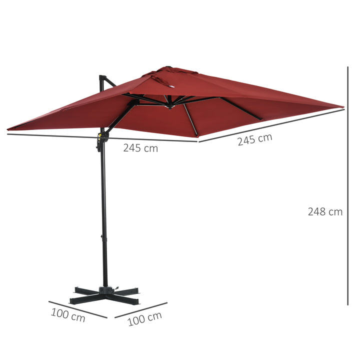 2.5 x 2.5m Patio Offset Parasol Umbrella Cantilever Hanging Aluminium Sun Shade Canopy Shelter 360° Rotation with Crank Handle and Cross Base, Wine Red