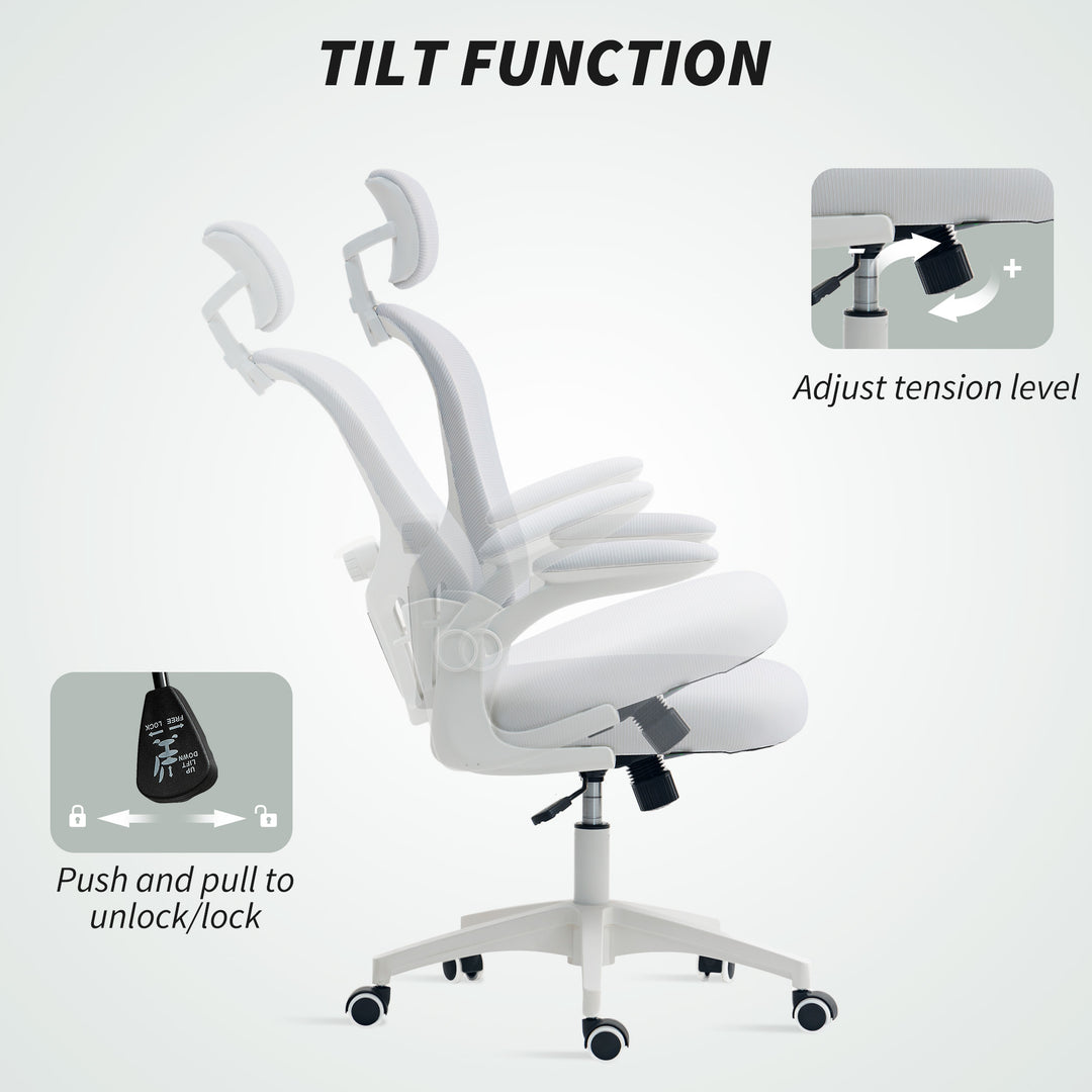 Multi-Adjustable Office Chair, with Lumbar Support, Headrest and Mesh Back - White