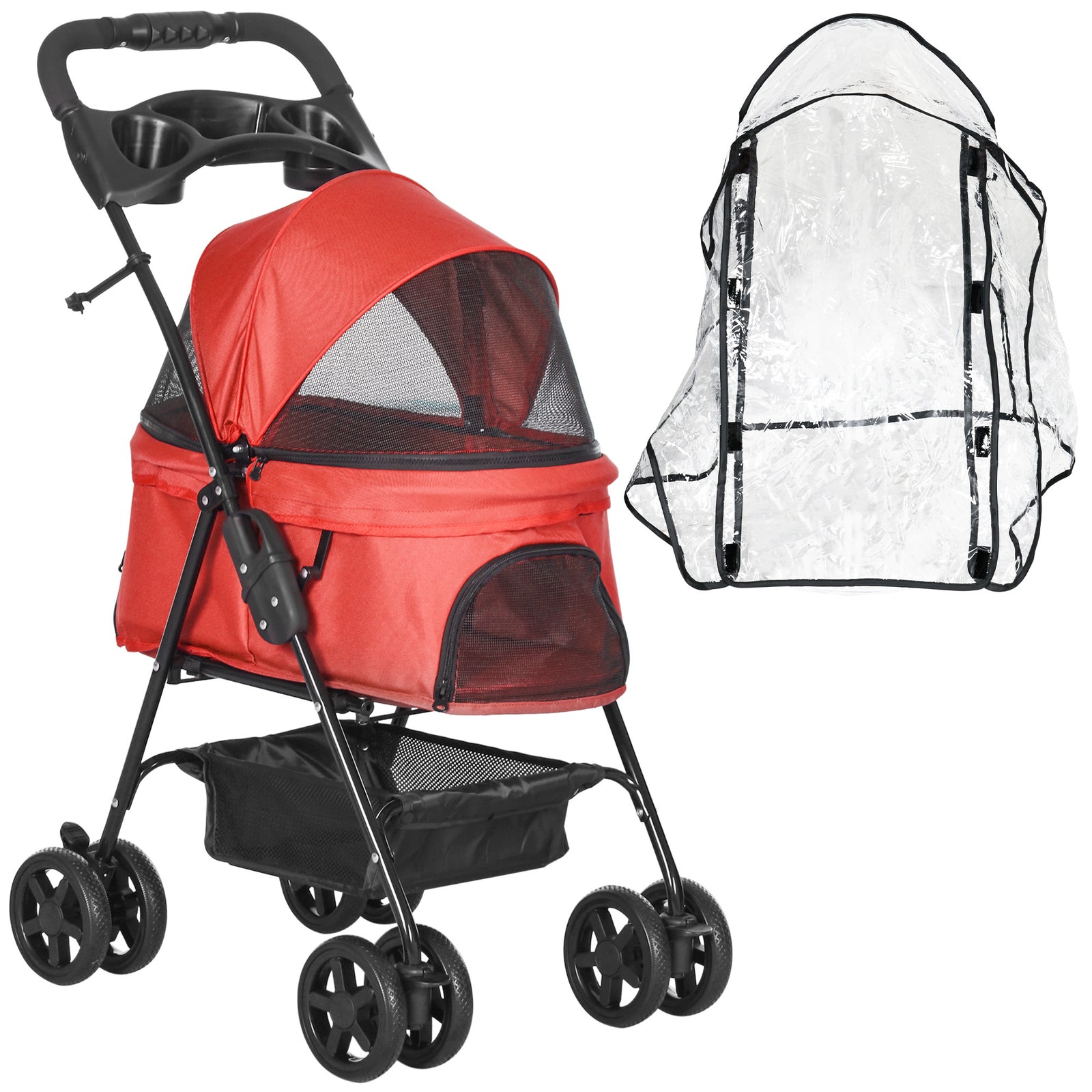 Dog Stroller with Rain Cover, Dog Pushchair One-Click Fold Trolley Jogger with EVA Wheels Brake Basket Adjustable Canopy Safety Leash for Small Dogs, Red