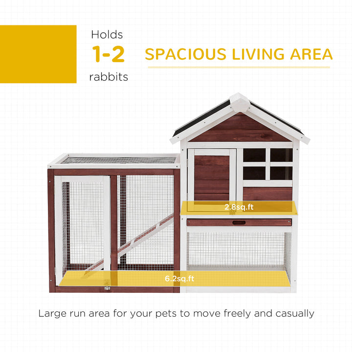 PawHut 122 Wooden Rabbit Hutch Bunny Cage with Waterproof Asphalt Roof, Fun Outdoor Run, Removable Tray and Ramp, Brown