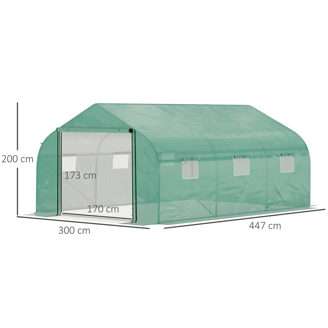 MCL Walk-in Polytunnel Garden Greenhouse, Outdoor Mesh Door Greenhouse with PE Cover and 6 Windows, 4.5 x 3 x 2m, Green