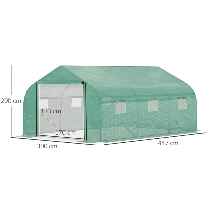 MCL Walk-in Polytunnel Garden Greenhouse, Outdoor Mesh Door Greenhouse with PE Cover and 6 Windows, 4.5 x 3 x 2m, Green