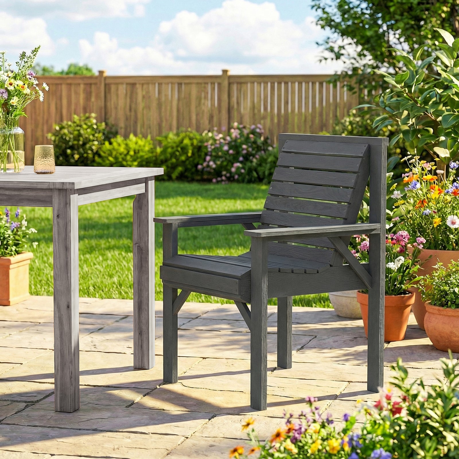 Wooden Garden Dining Chair, Outdoor Chair Garden Armchair with Curved 