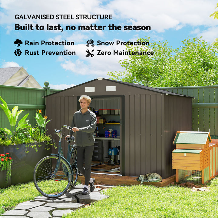 9 x 6ft Metal Garden Shed, Outdoor Storage Tool House with Ventilation Slots, Foundation Kit and Lockable Double Doors, Brown