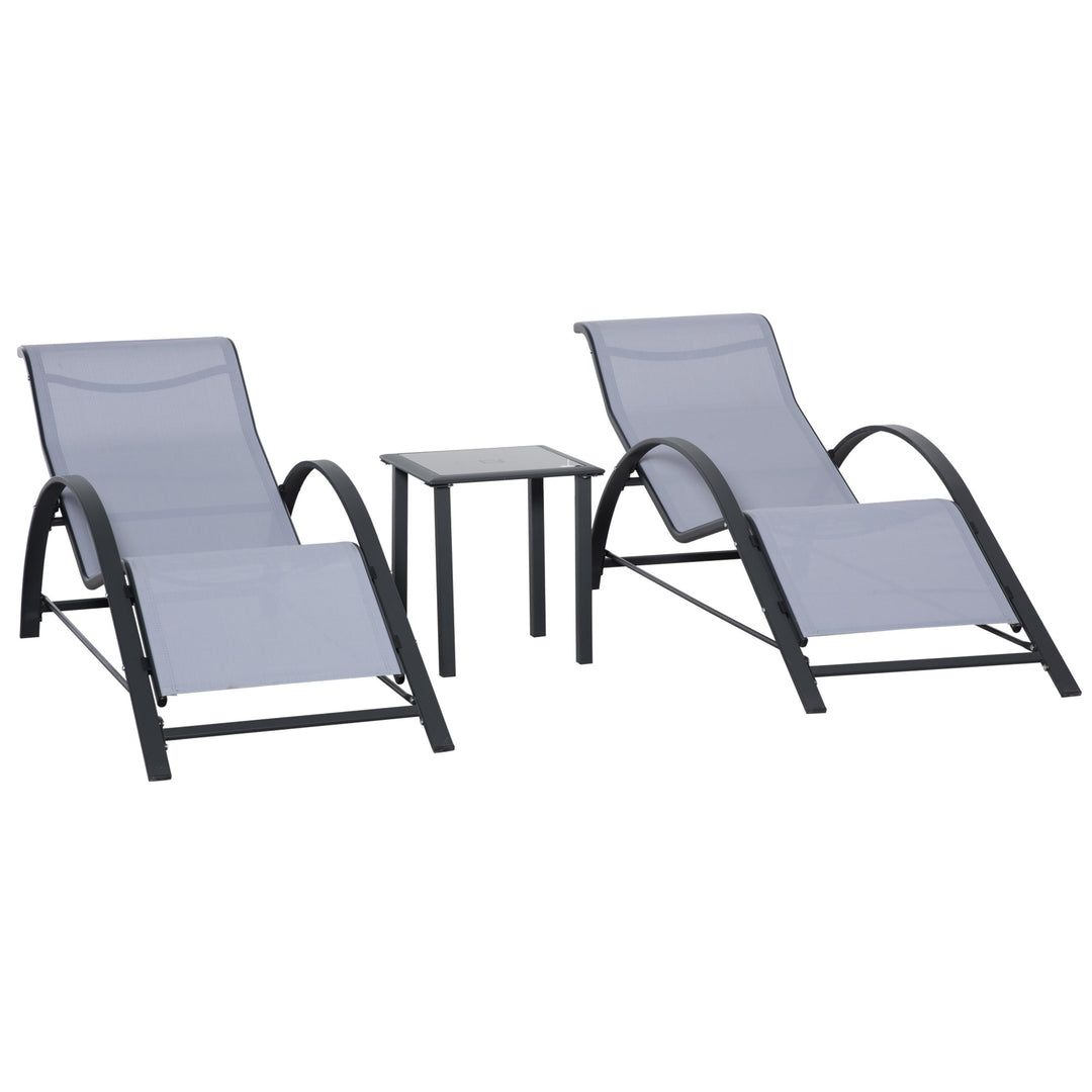 3 Pieces Lounge Chair Set Metal Frame Garden Outdoor Recliner Sunbathing Chair with Table, Light Grey