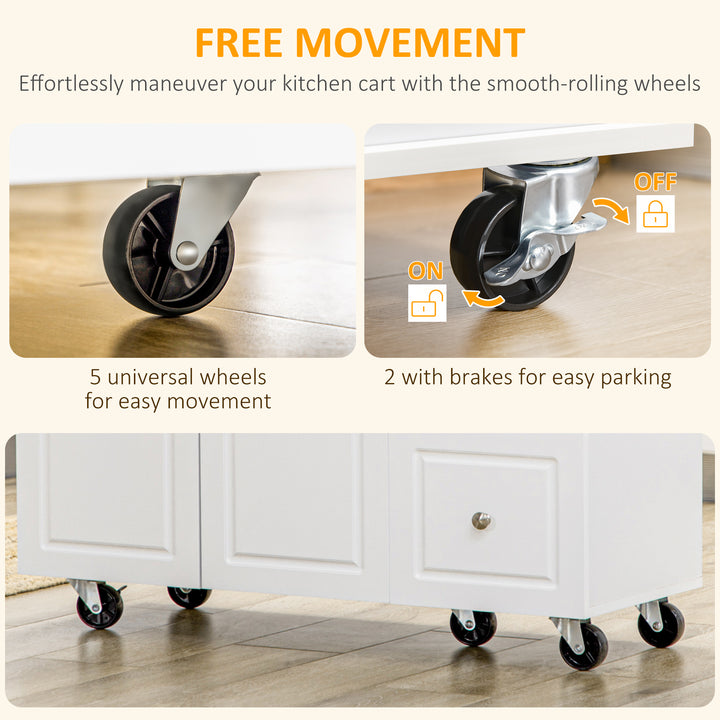 Drop-Leaf Kitchen Island on Wheels with Extendable Rubber Wood Worktop, Rolling Kitchen Storage Trolley, Utility Storage Cart with Drawers & Cabinet for Kitchen, Dining & Living Room, White